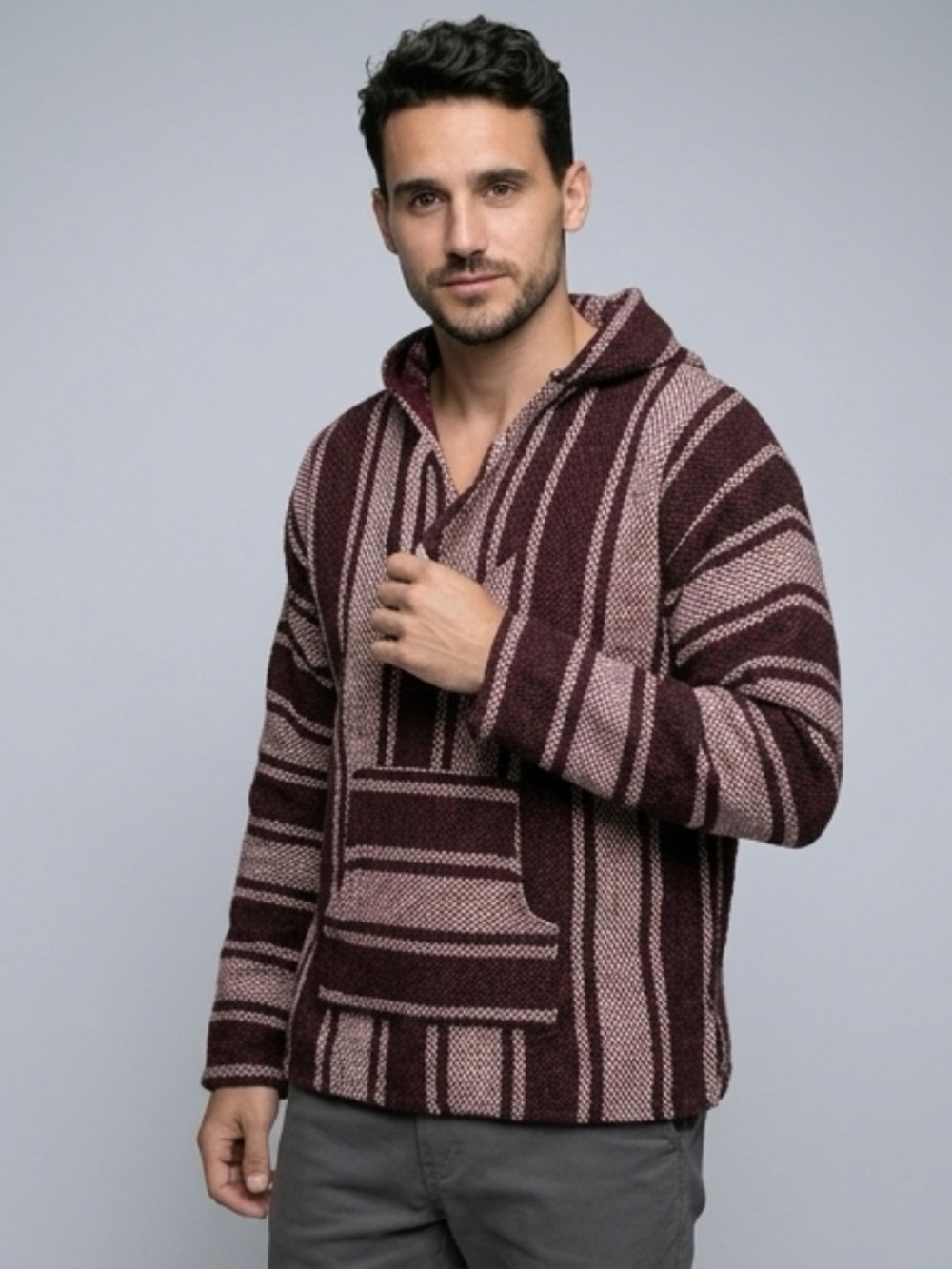 Men's Hooded Baja Stripe Sweater - Burgundy